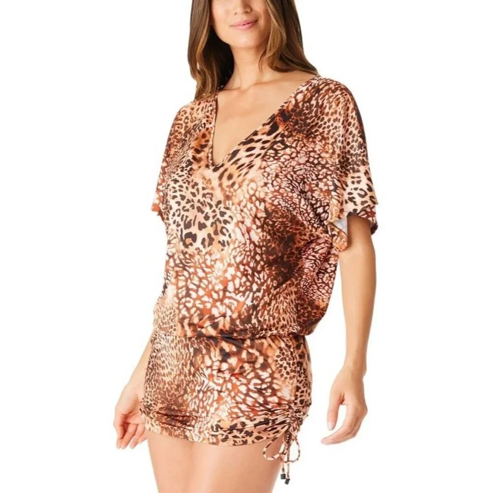 Bar III L Glam Cheetah Adjustable Side Cover-Up Caftan Swimwear Sheer Dress